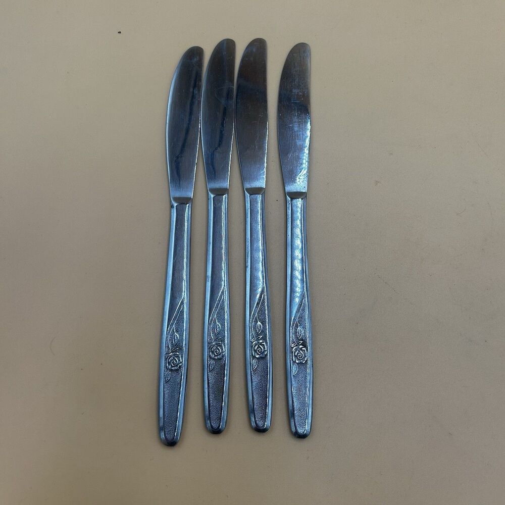 Lot of 4 Pieces Utica Satin Rose Flatware Stainless VTG USA Japan Dinner Knives